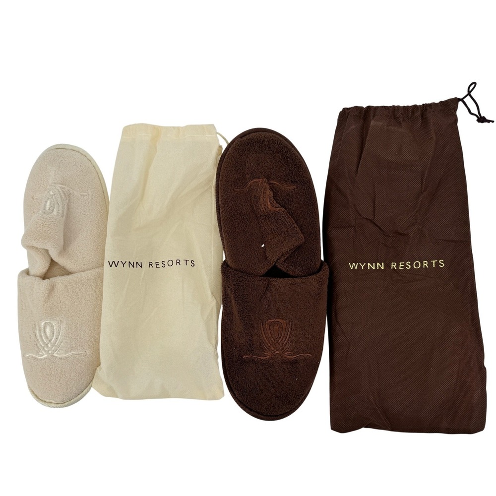 New Wynn Resorts Spa Slippers His &‎ Hers Set Cream Brown Terry Cloth Luxury